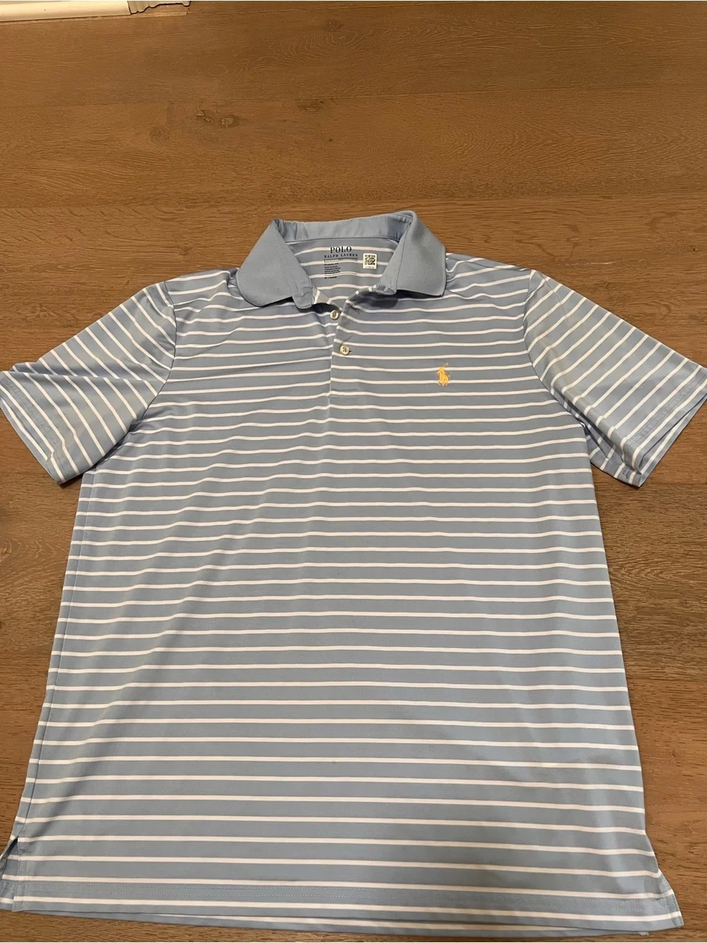 Polo by Ralph Lauren Light Blue and White Striped Polo with Yellow Logo